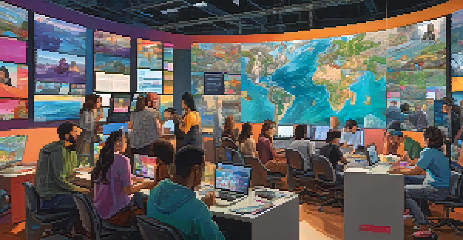 A diverse group of people collaborating on a digital narrative with floating screens displaying their contributions.