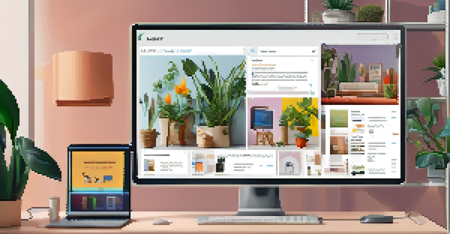 A computer screen showing an NFT marketplace interface with digital art and collectibles in a modern workspace.
