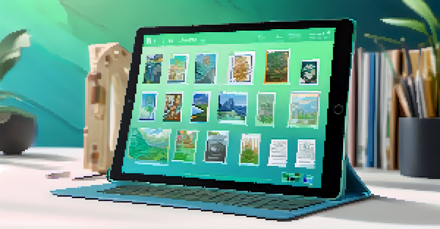 A digital portfolio on a tablet showcasing NFT badges for skills and courses, set against a calming blue and green background, representing educational achievements.