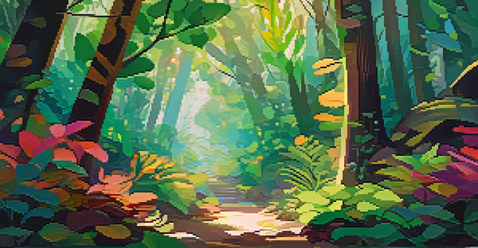 A colorful digital artwork of a forest filled with trees and abstract shapes representing NFTs, with light filtering through leaves.