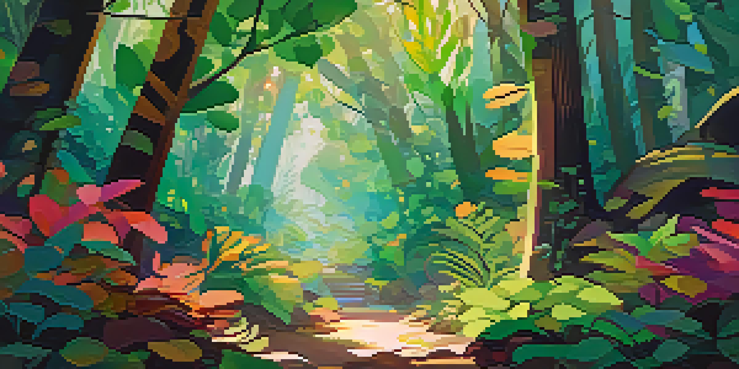 A colorful digital artwork of a forest filled with trees and abstract shapes representing NFTs, with light filtering through leaves.