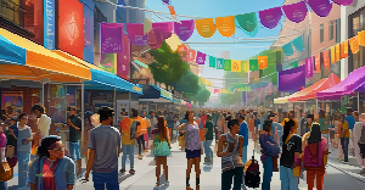 A lively virtual art fair with avatars of artists and visitors engaging with various digital artworks and NFTs.
