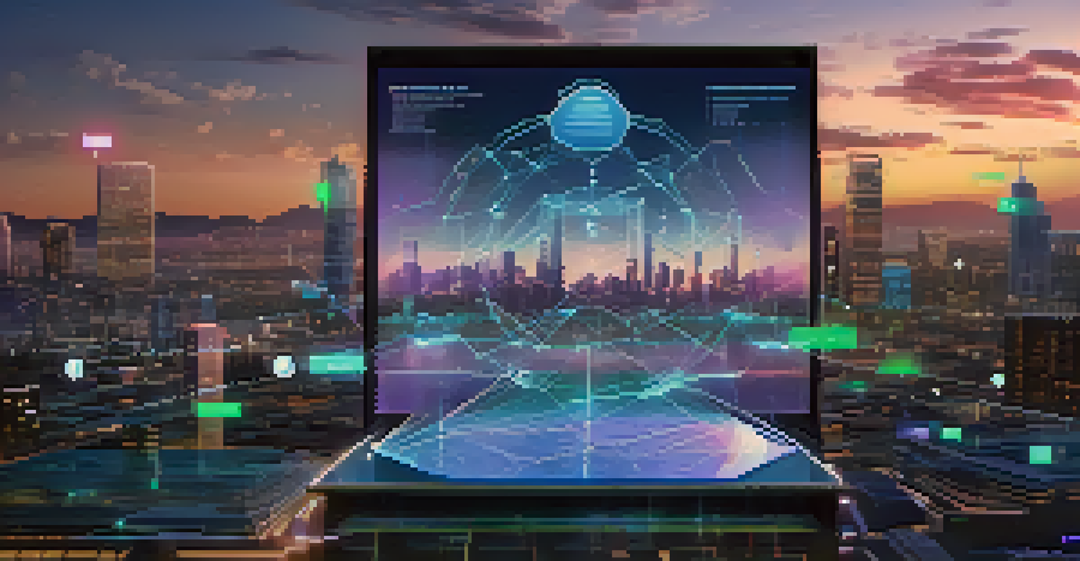 A holographic interface showing NFTs being used in a decentralized finance platform against a city skyline.