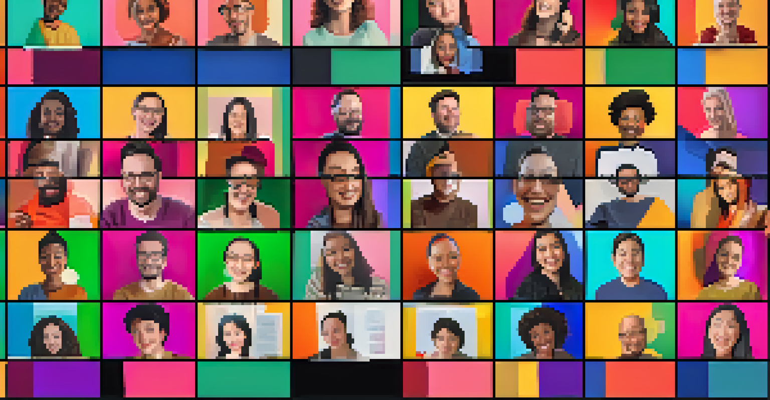 A grid of diverse NFT enthusiasts engaged in an online community meeting, showcasing their enthusiasm.