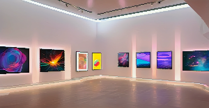 A modern art gallery filled with colorful digital artworks displayed as NFTs, with visitors interacting and ambient lighting.