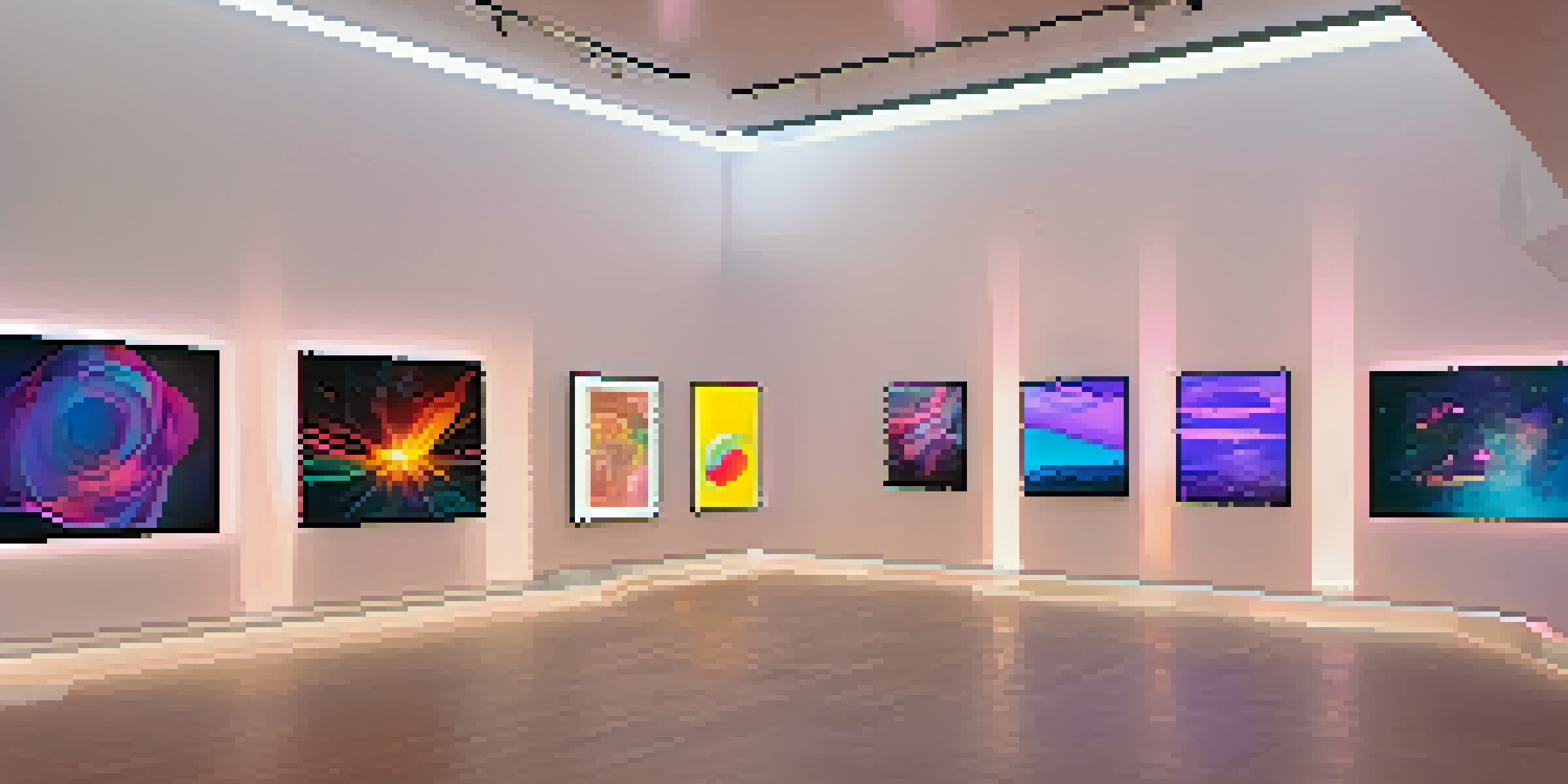 A modern art gallery filled with colorful digital artworks displayed as NFTs, with visitors interacting and ambient lighting.