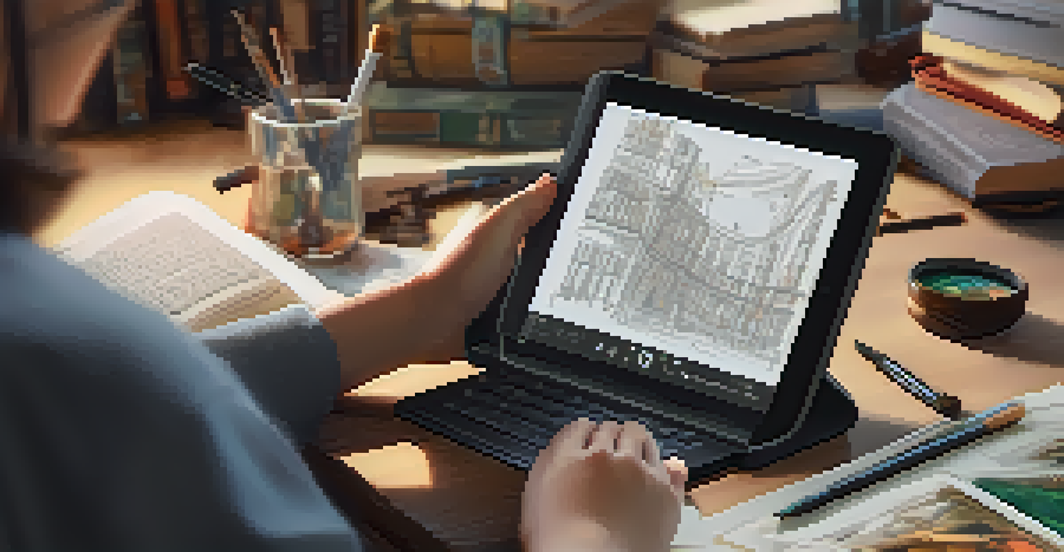 A close-up of a student creating a digital NFT artwork on a tablet, surrounded by sketches of historical figures and a cozy study environment.