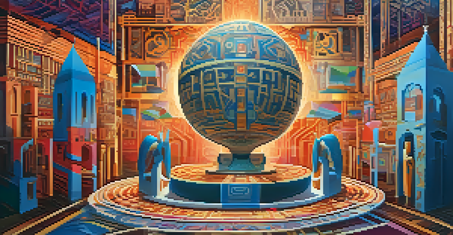 An abstract digital archive representing cultural preservation with vibrant multimedia elements and traditional symbols, set against a blend of cool and warm colors.