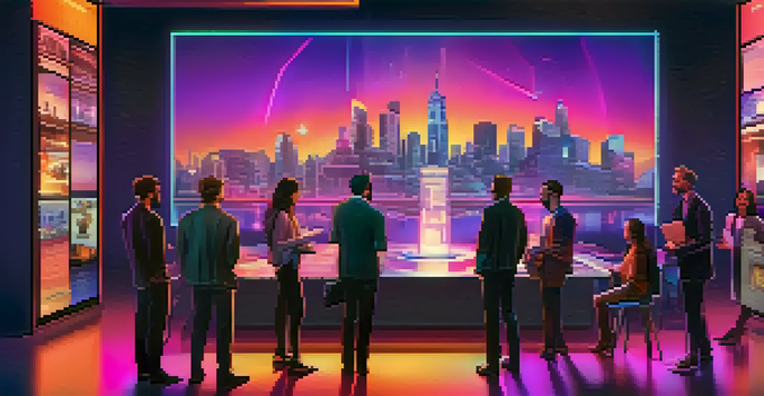 A group of diverse journalists interacts around a holographic display of NFT articles, set against a modern city skyline at dusk.