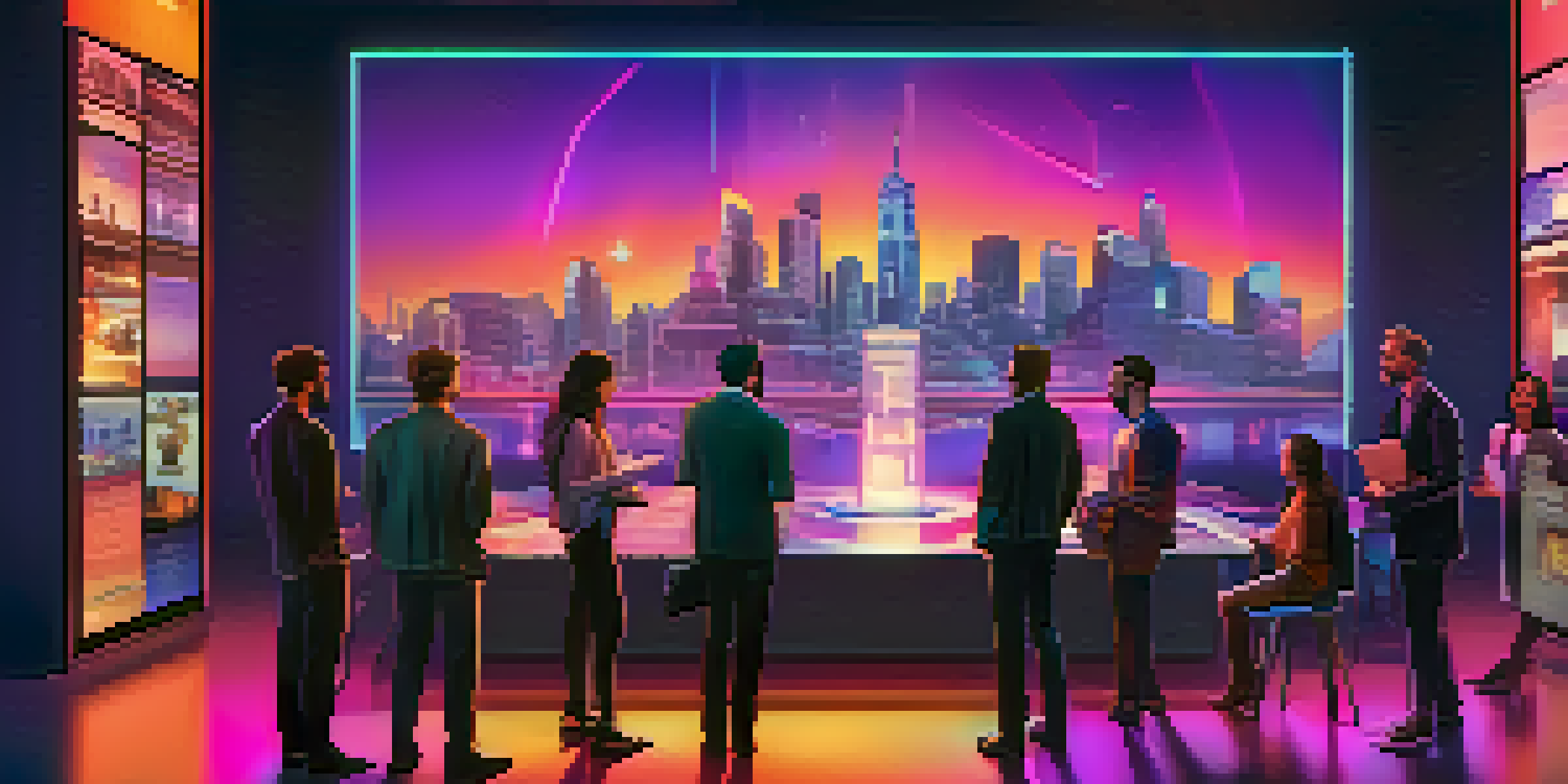 A group of diverse journalists interacts around a holographic display of NFT articles, set against a modern city skyline at dusk.