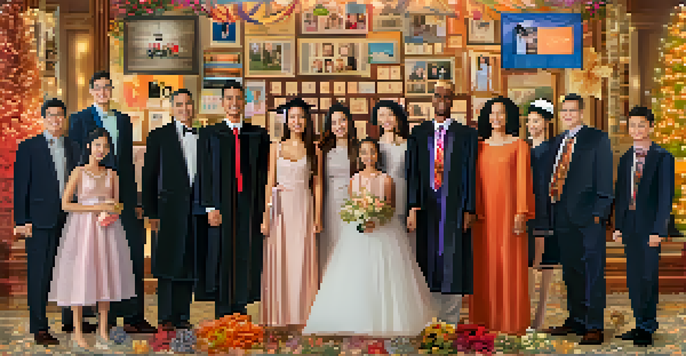 A digital scrapbook displaying various colorful NFTs that represent family memories from a graduation, a family reunion, and a wedding, with warm lighting and a blurred background.