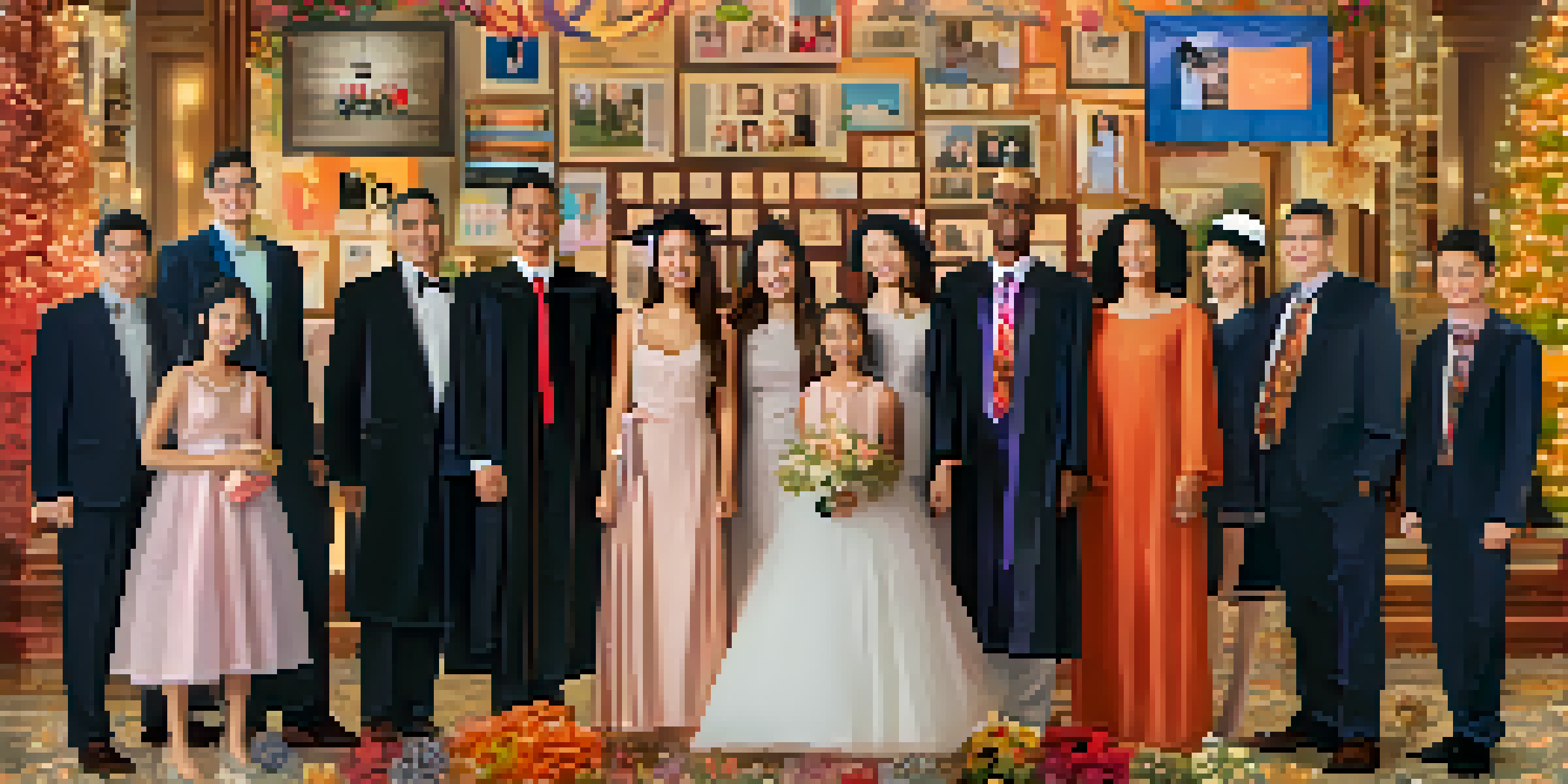 A digital scrapbook displaying various colorful NFTs that represent family memories from a graduation, a family reunion, and a wedding, with warm lighting and a blurred background.