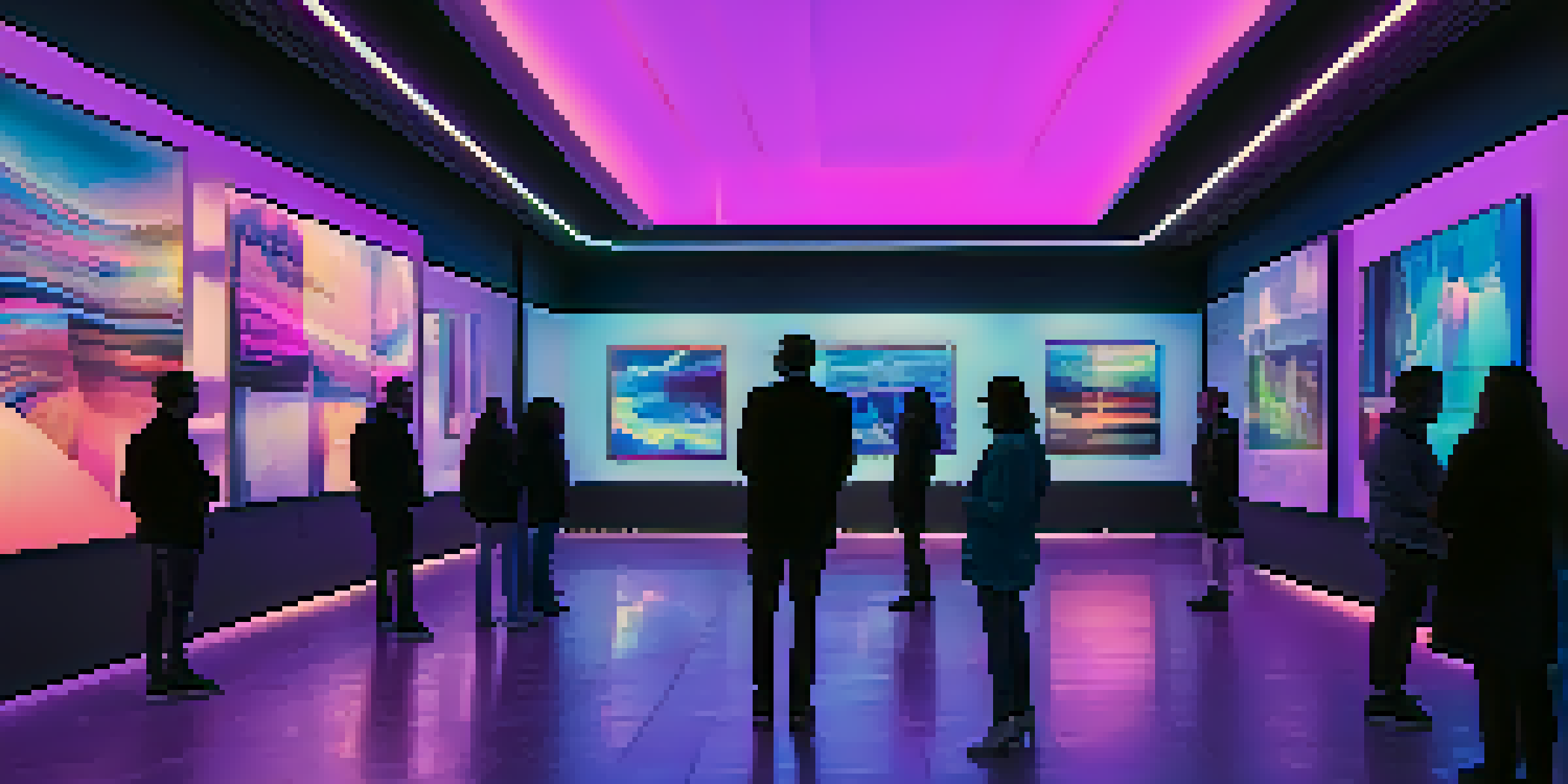 A digital art gallery filled with colorful NFT artworks displayed on screens, with visitors admiring the pieces in a softly lit environment.