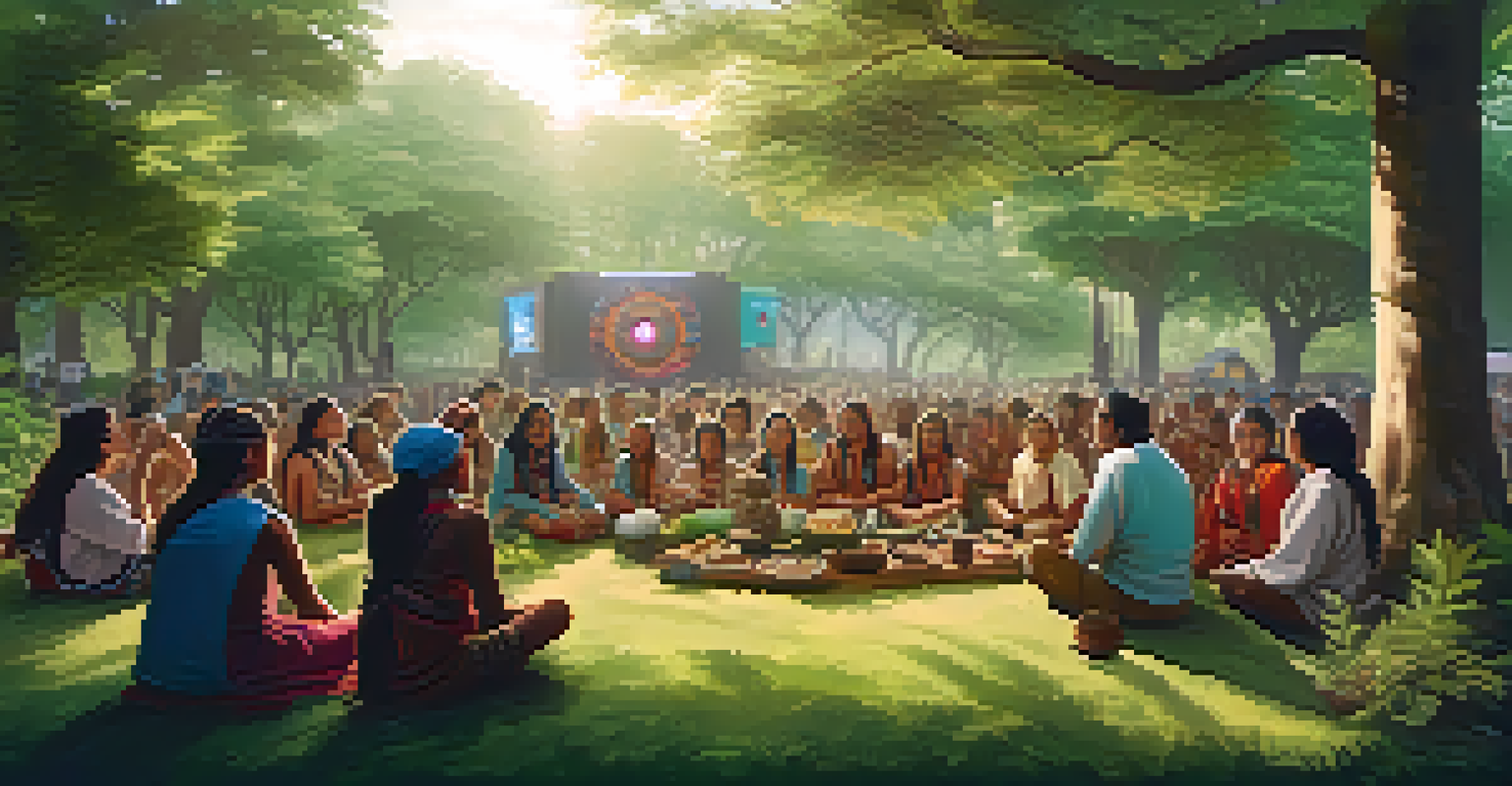 An Indigenous community gathering in a lush landscape, collaborating on NFT creation with traditional clothing and digital art displays, under soft sunlight.