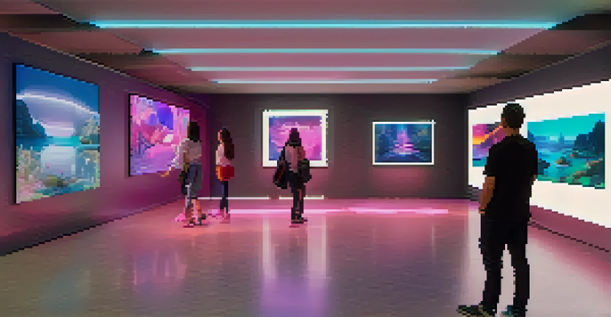 A digital art gallery with various NFT artworks displayed on screens, featuring visitors admiring the vibrant pieces in a modern setting.