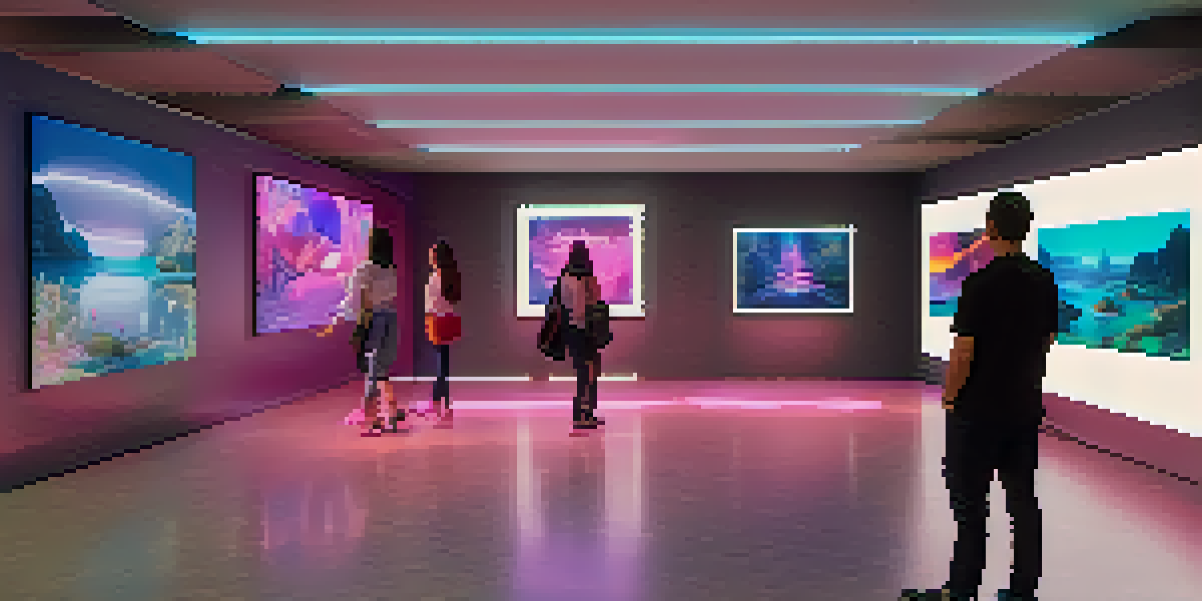 A digital art gallery with various NFT artworks displayed on screens, featuring visitors admiring the vibrant pieces in a modern setting.