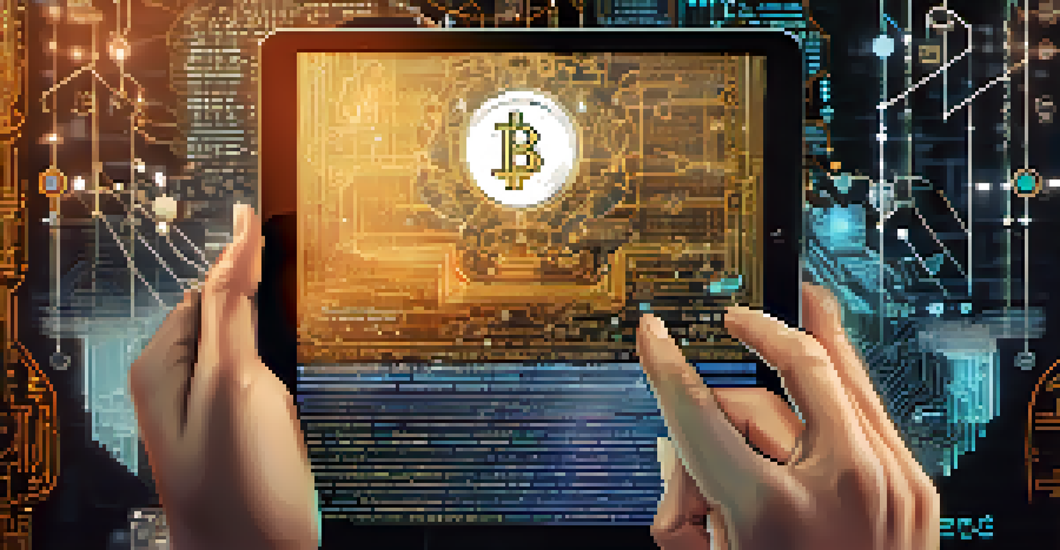 A close-up of a digital tablet displaying a smart contract with blockchain graphics in the background, illustrating the legal aspects of NFT auctions.