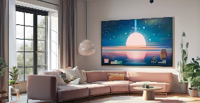 A serene living room featuring a large digital artwork displayed on a canvas, illuminated by natural light, with modern furniture and an AR device on the table.