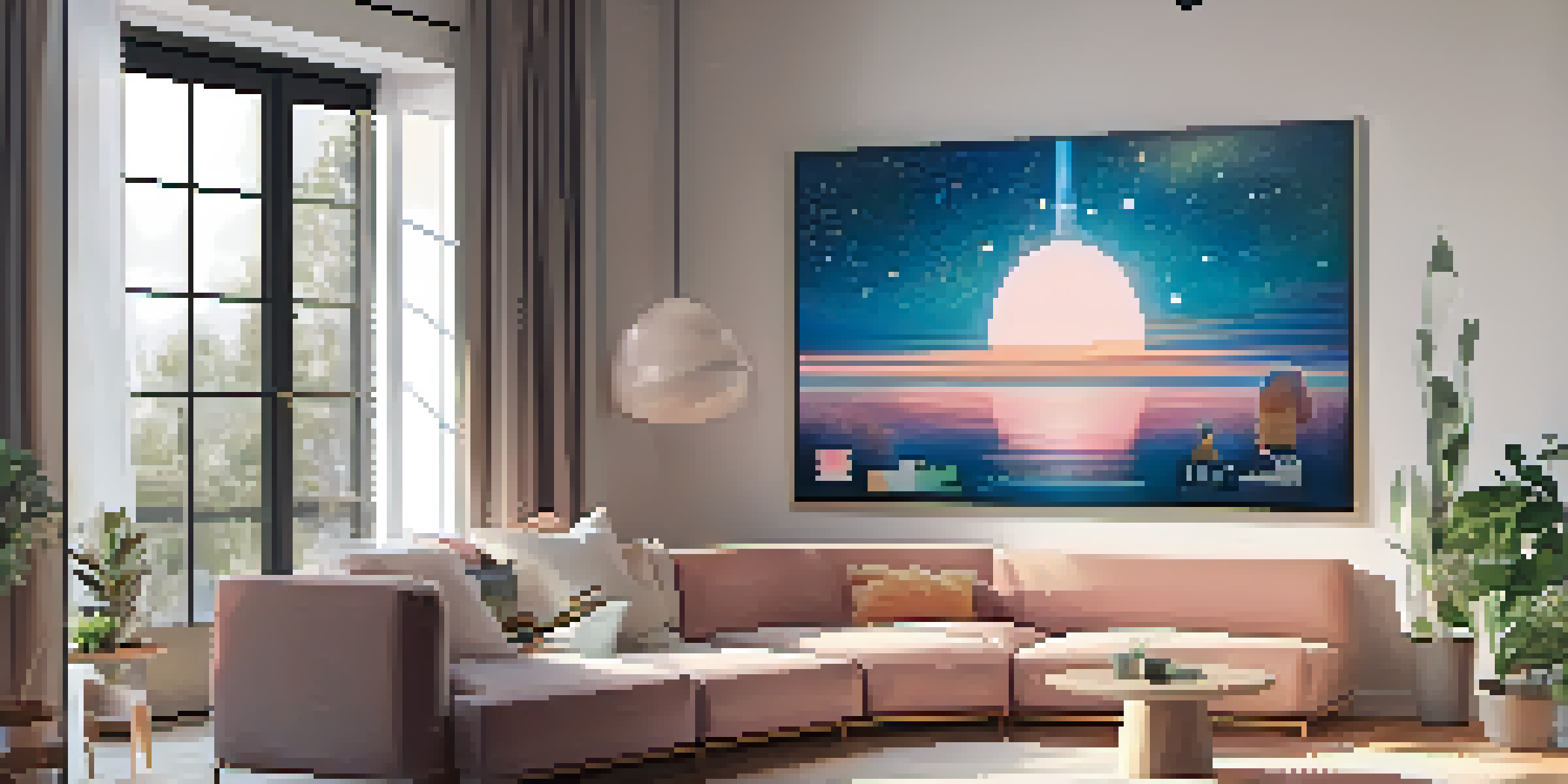 A serene living room featuring a large digital artwork displayed on a canvas, illuminated by natural light, with modern furniture and an AR device on the table.