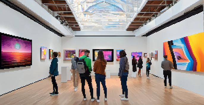 A digital art gallery filled with colorful abstract NFT artworks and visitors engaging with digital screens.