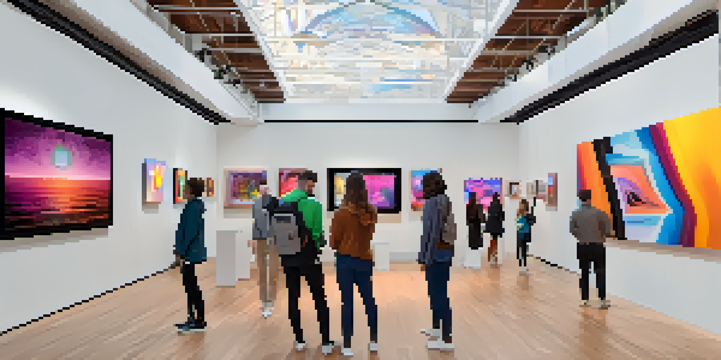 A digital art gallery filled with colorful abstract NFT artworks and visitors engaging with digital screens.