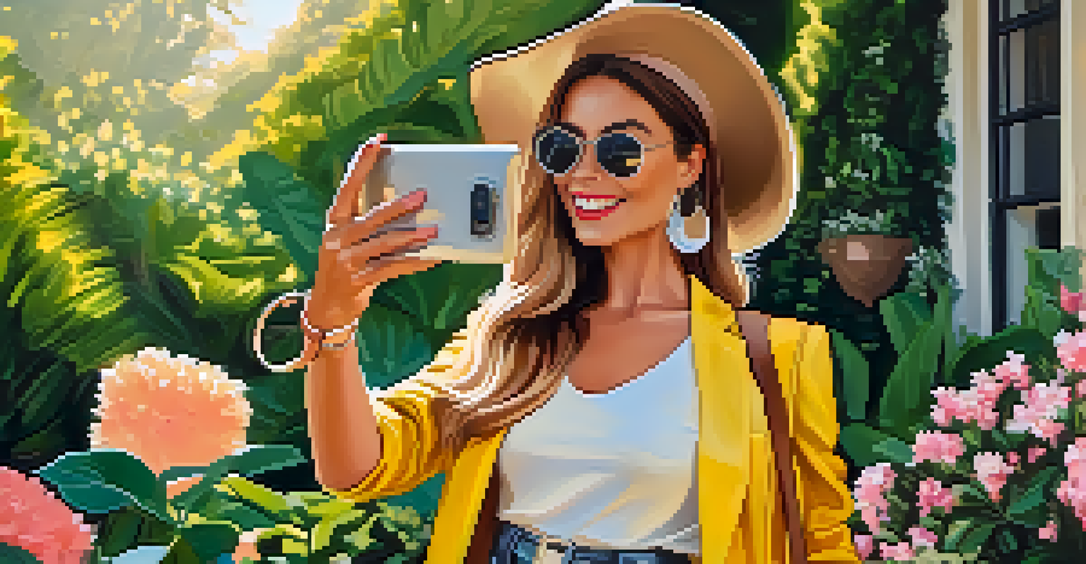 A fashion influencer smiling while taking a selfie in a beautiful outdoor setting.