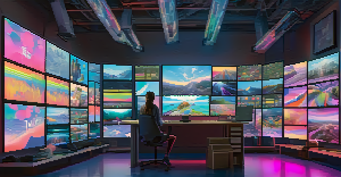 A digital artist working in a colorful studio, surrounded by screens displaying NFTs and vibrant artwork.