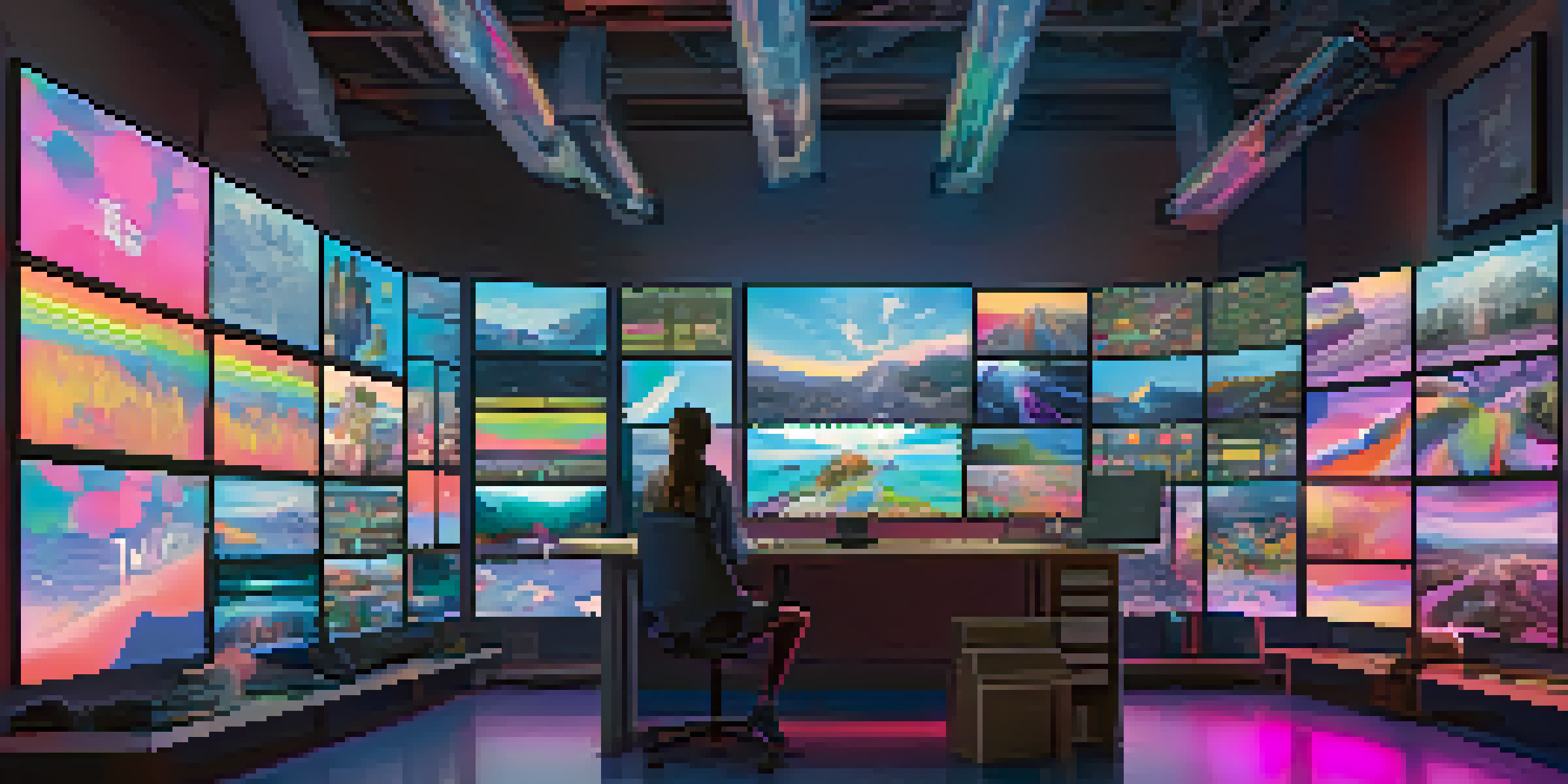 A digital artist working in a colorful studio, surrounded by screens displaying NFTs and vibrant artwork.