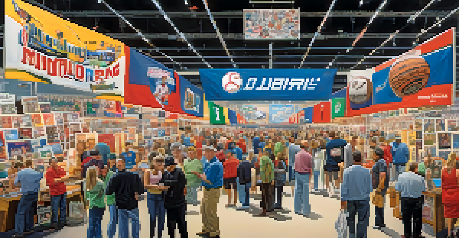 A bustling sports memorabilia trade show with collectors looking at booths filled with jerseys, trading cards, and colorful displays under bright lights.