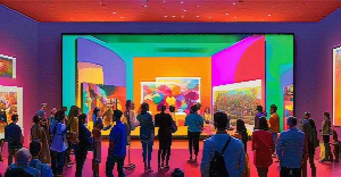 A modern gallery filled with people bidding on colorful digital art displayed on screens, showcasing an exciting NFT auction atmosphere.