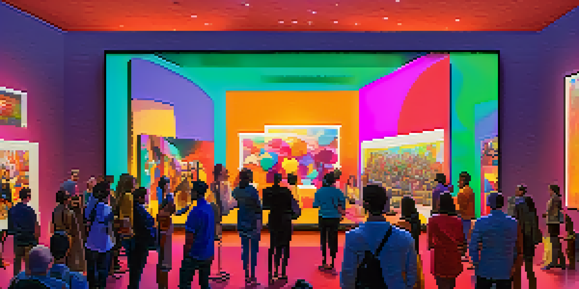 A modern gallery filled with people bidding on colorful digital art displayed on screens, showcasing an exciting NFT auction atmosphere.