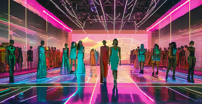 A futuristic digital fashion show with virtual models in colorful outfits and an audience of avatars interacting in a virtual environment.