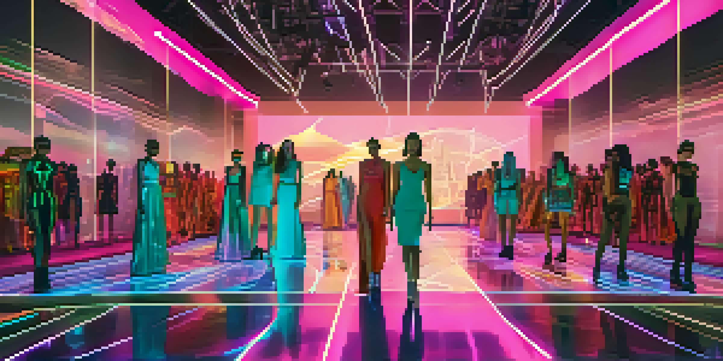 A futuristic digital fashion show with virtual models in colorful outfits and an audience of avatars interacting in a virtual environment.