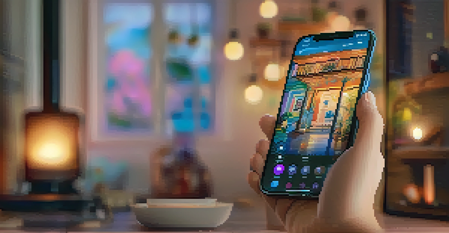 A hand holding a smartphone showing a colorful NFT artwork, with a cozy home background.