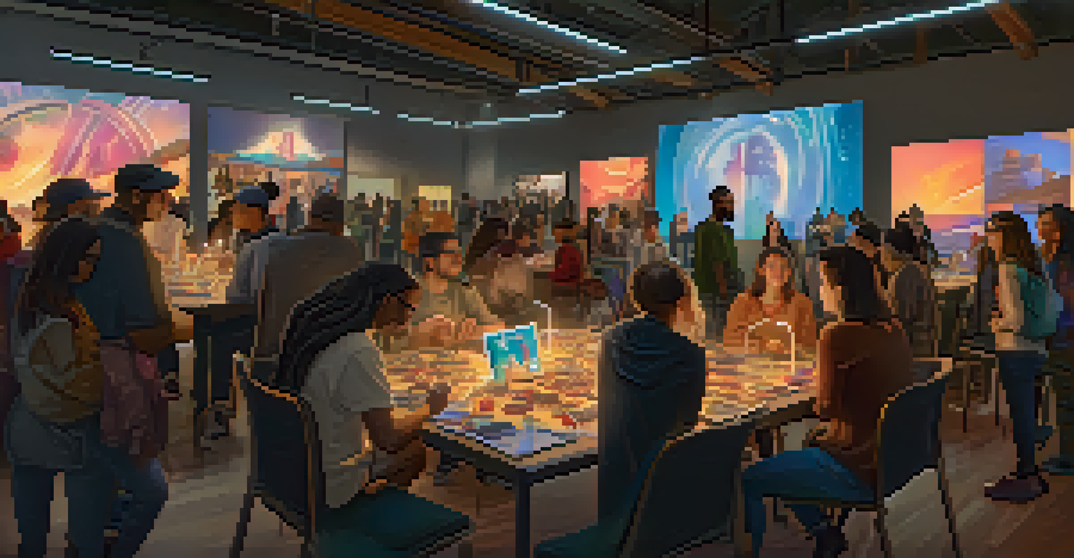 A group of diverse people discussing digital art at an NFT community event, surrounded by vibrant artworks.