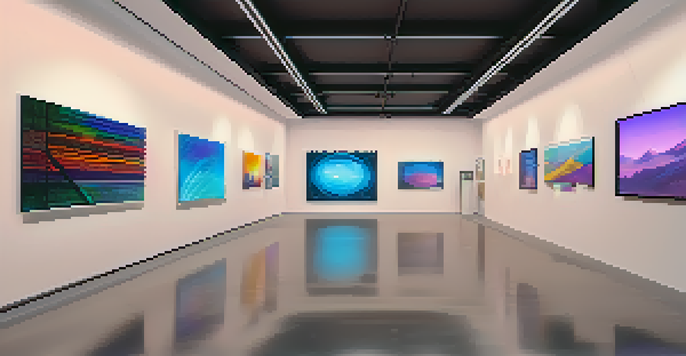 A modern digital art gallery featuring various colorful NFTs displayed on screens, with visitors admiring the artwork.