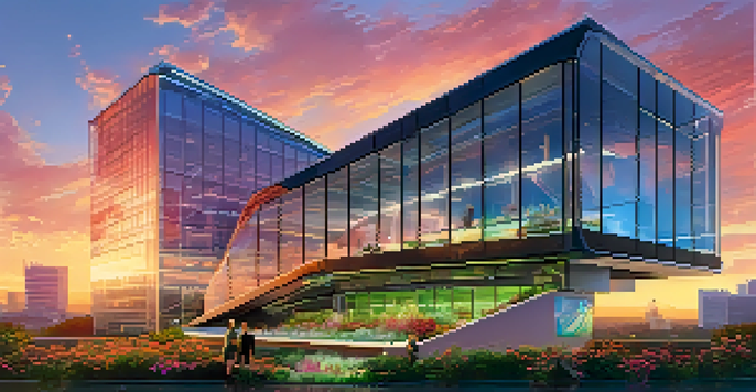 A modern building design as a digital NFT with glass facades and green rooftops under a colorful sunset.