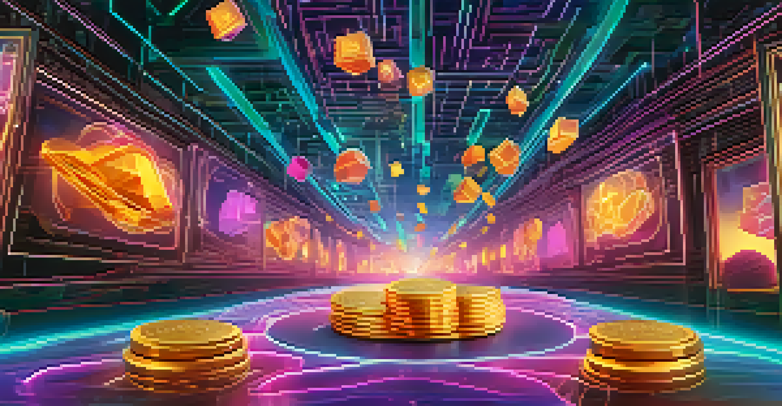 A visual representation of NFTs as vibrant digital tokens floating above a canvas, with colorful light trails and a stylized blockchain background.