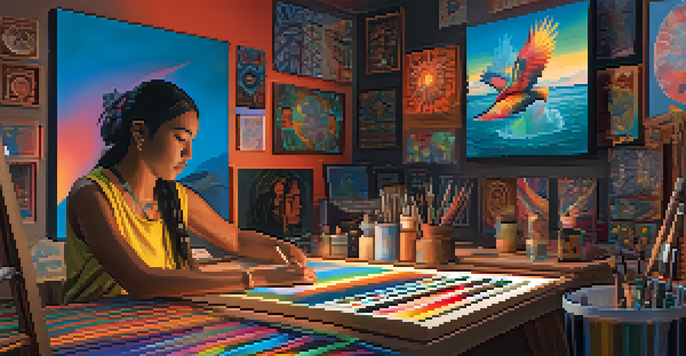 An indigenous artist in a colorful studio, surrounded by digital screens and traditional artifacts, creating an NFT with paintbrushes and digital devices.
