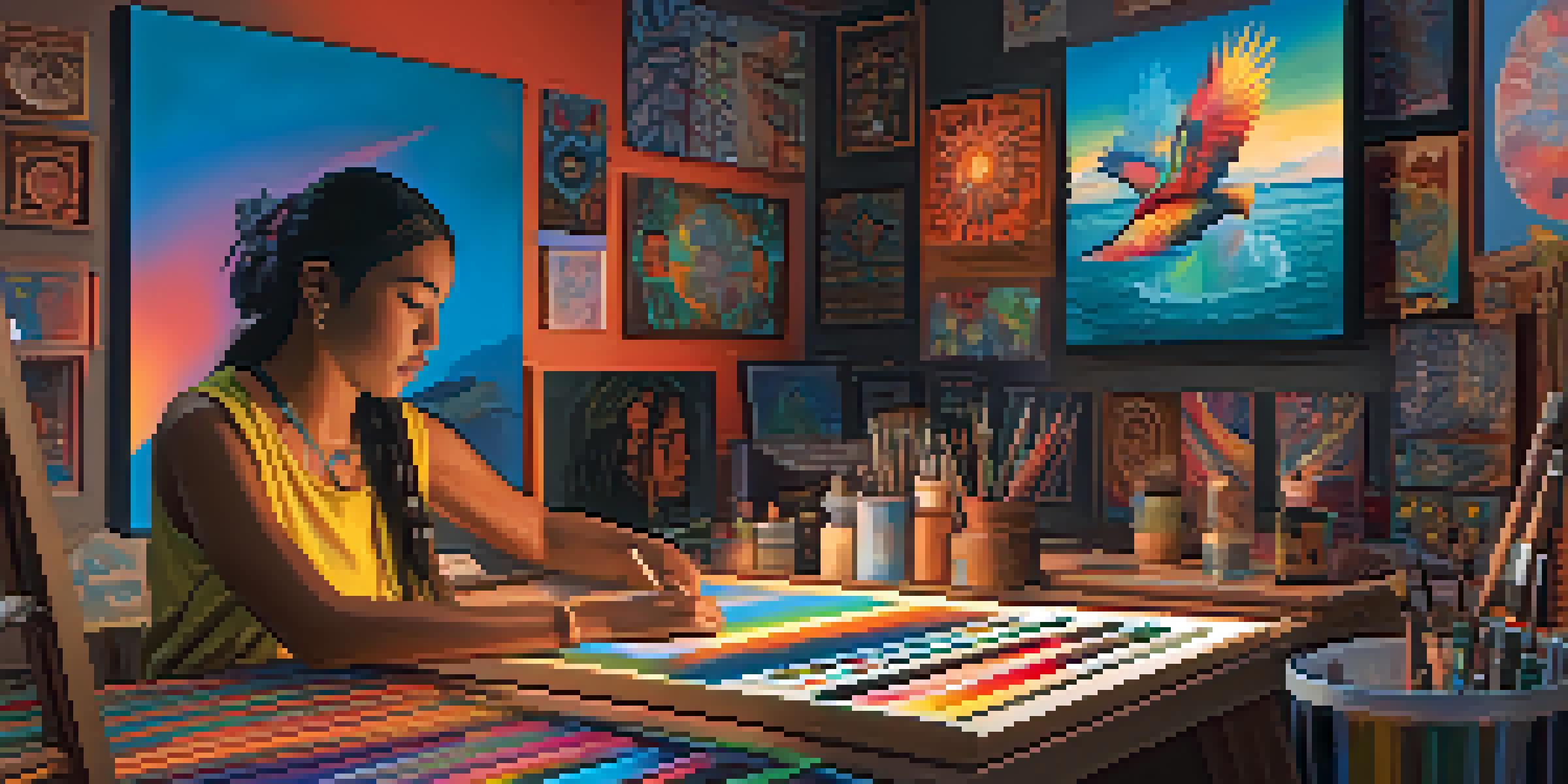 An indigenous artist in a colorful studio, surrounded by digital screens and traditional artifacts, creating an NFT with paintbrushes and digital devices.