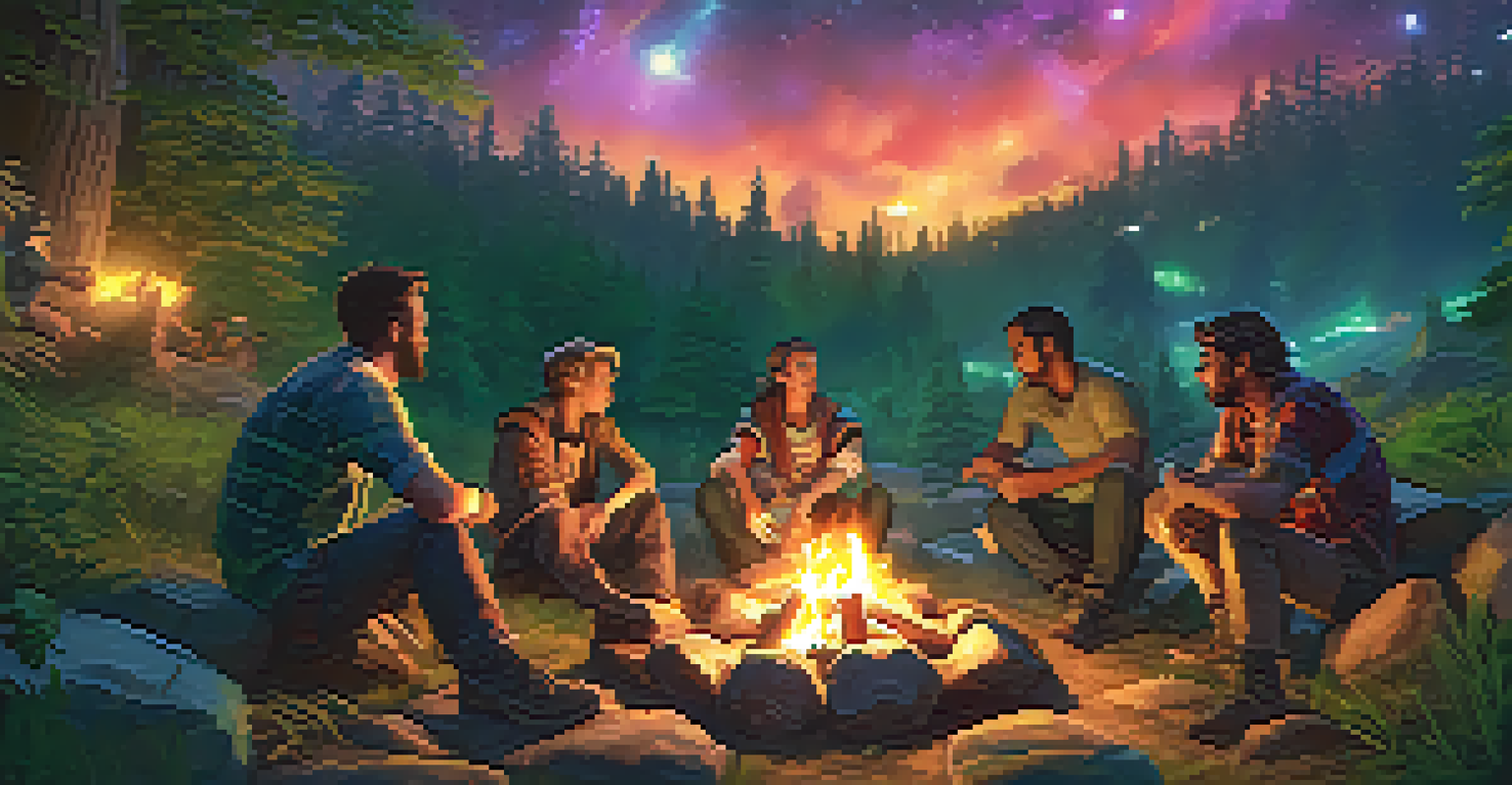 A group of players around a virtual campfire in a lush landscape, sharing strategies and enjoying the game together.