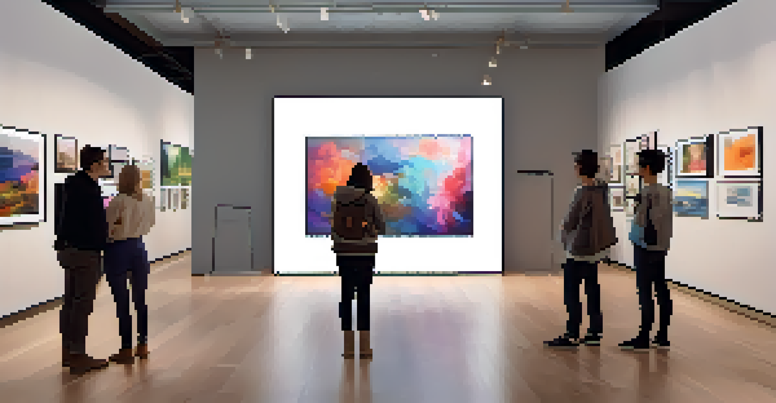 A virtual art gallery with various displayed NFTs, featuring a diverse group of visitors admiring the digital artworks under soft lighting.