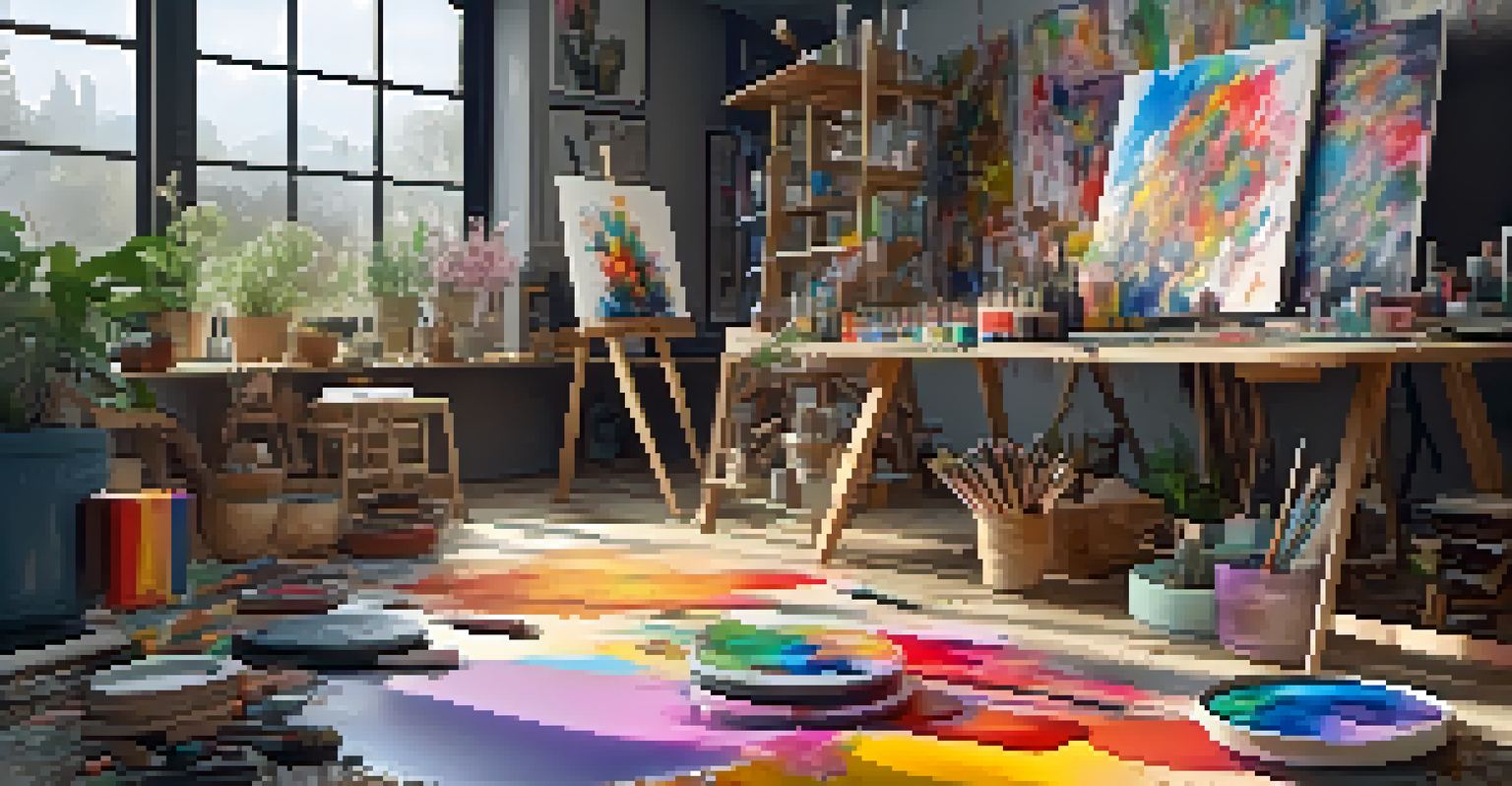 An artist's studio with traditional painting and AI-generated art, showcasing a blend of creativity and technology.