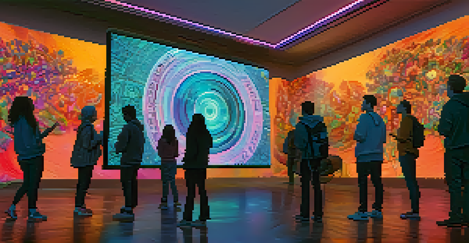 A large screen displaying colorful digital art with people admiring it and interacting with NFTs on their smartphones.