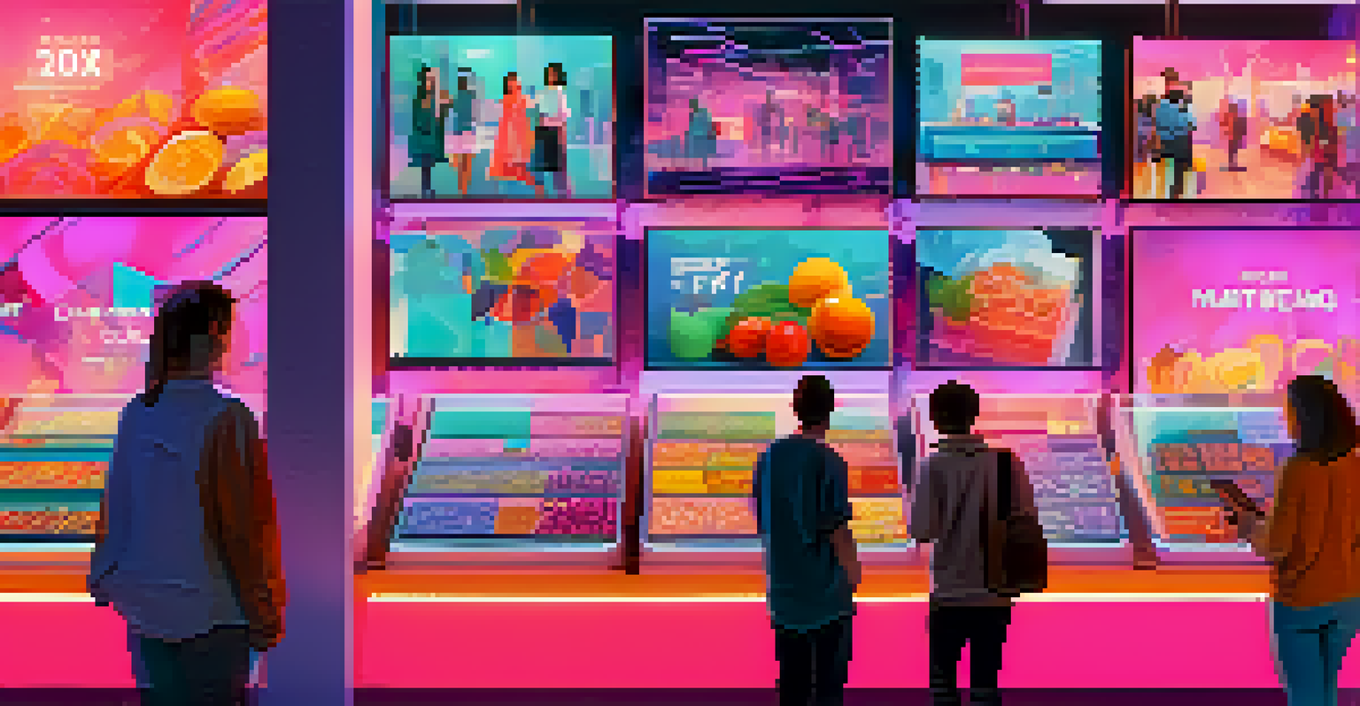 A digital marketplace showcasing NFTs with people trading and interacting around virtual screens.
