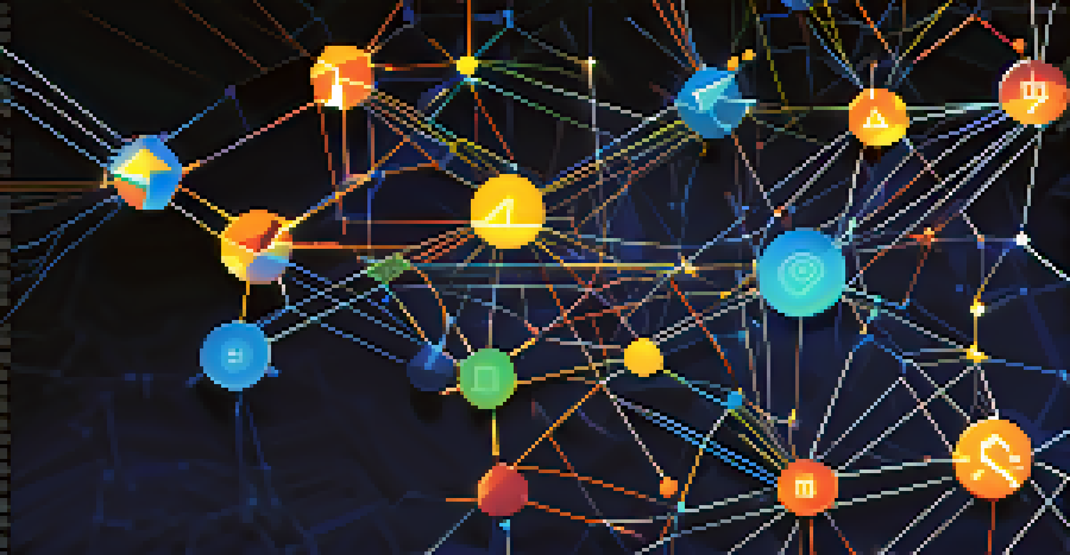 An abstract visualization of blockchain technology with interconnected nodes and glowing lines on a deep blue background.