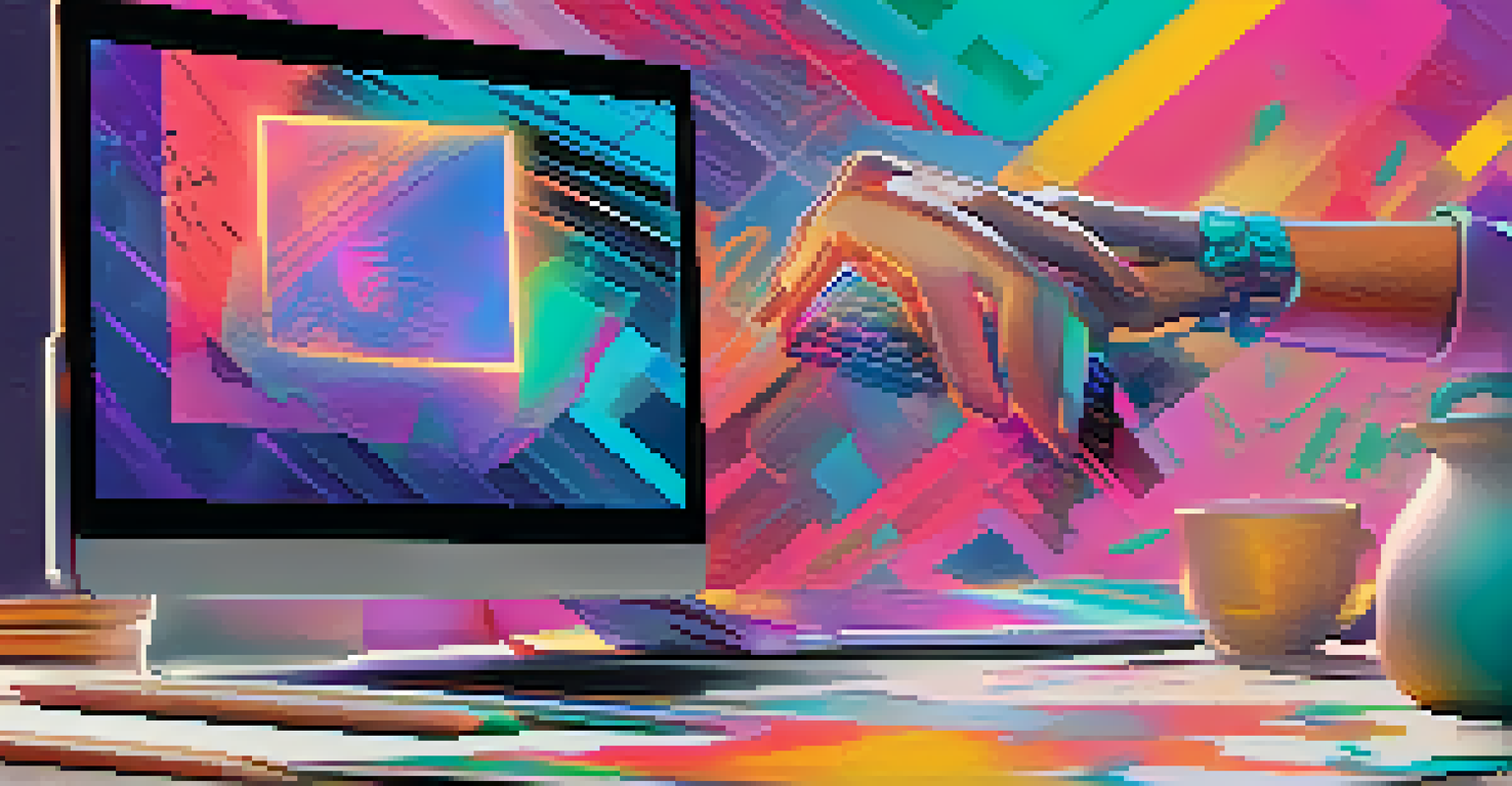 Close-up of a woman's hands minting an NFT on a laptop, with colorful sketches and digital designs around her.