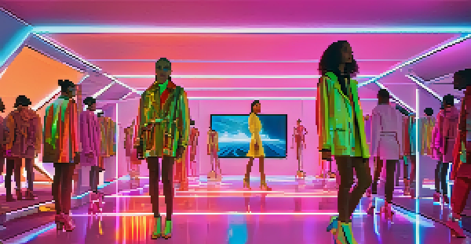 A digital fashion runway with models in unique virtual clothing and holographic NFTs, surrounded by an engaged audience.