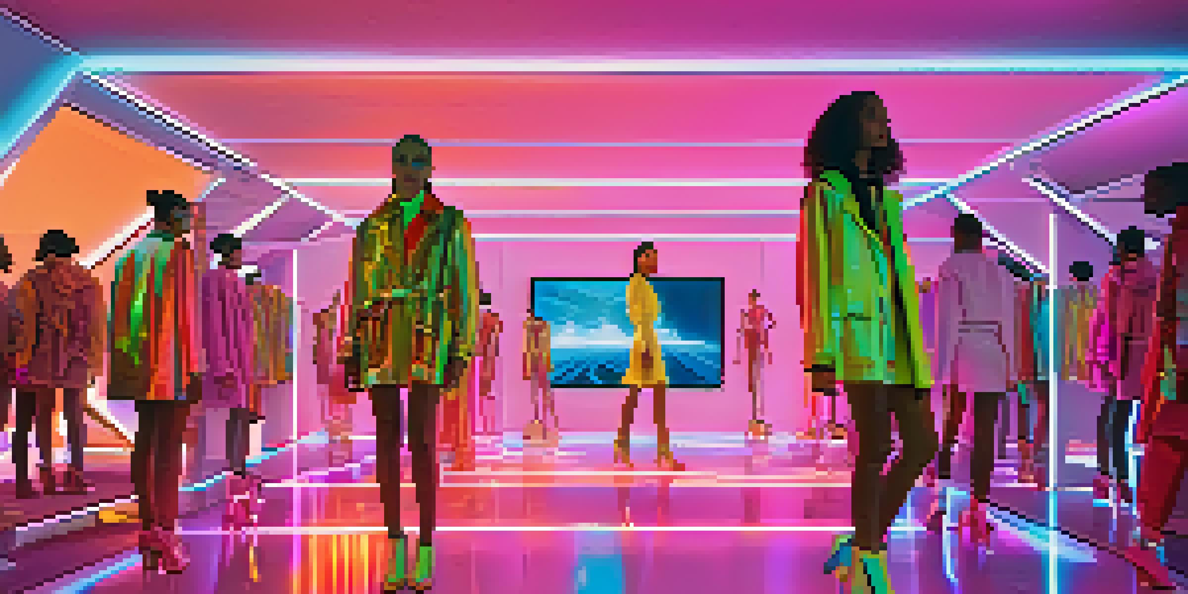 A digital fashion runway with models in unique virtual clothing and holographic NFTs, surrounded by an engaged audience.