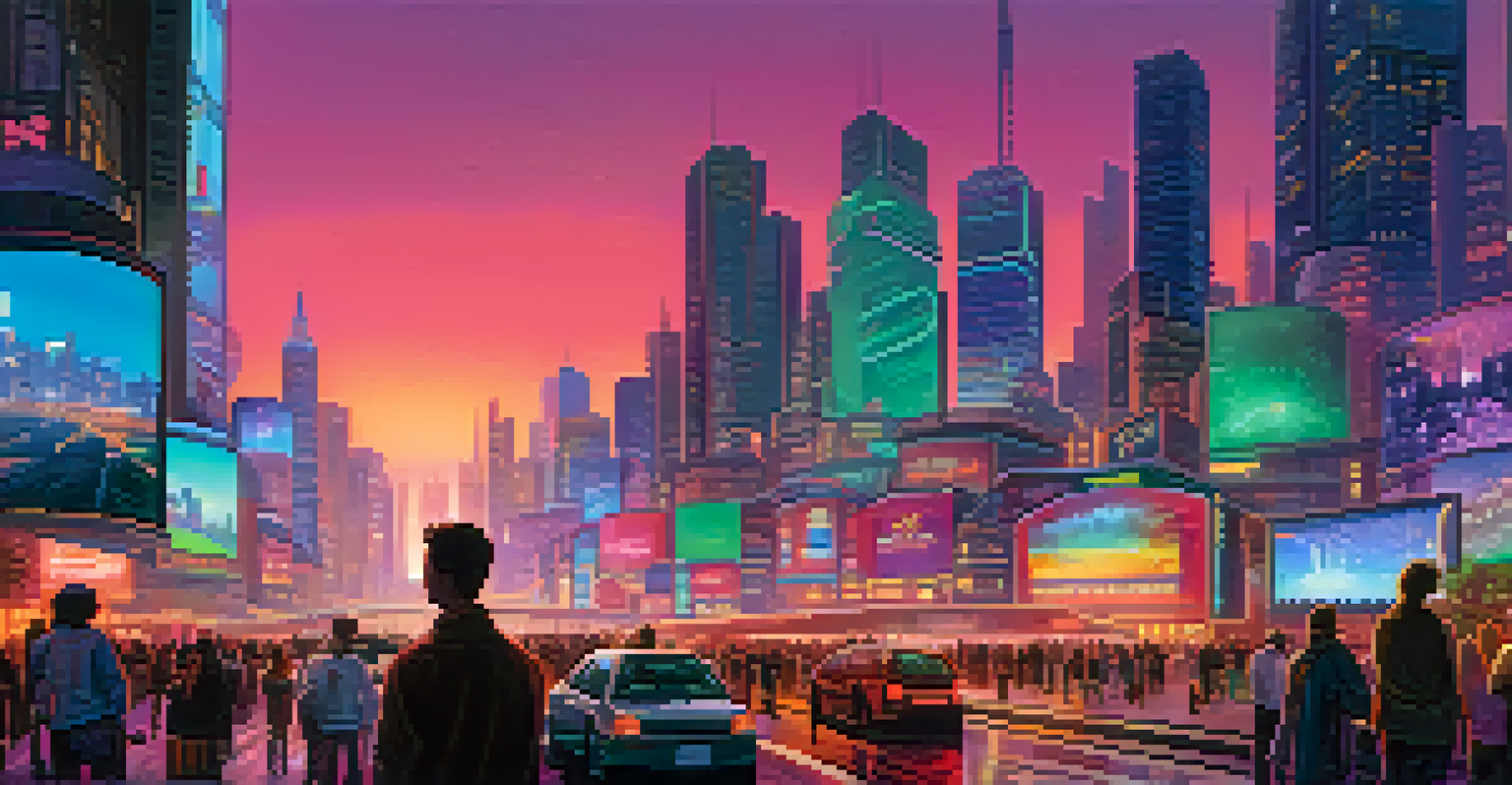 A futuristic city skyline at dusk with digital billboards showcasing NFT artworks and a lively street scene.